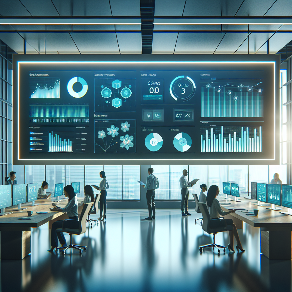 Modern office with real-time sales dashboard display showing transparent team performance metrics